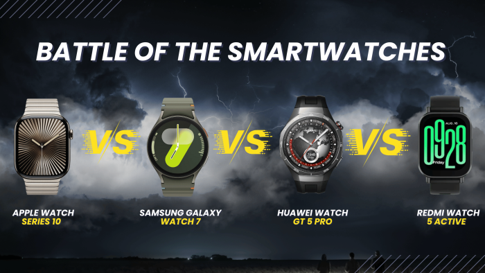 Battle of the Smartwatches: Apple Watch Series 10 vs Galaxy Watch 7 vs Redmi Watch 5 Active vs HUAWEI WATCH GT 5 Pro